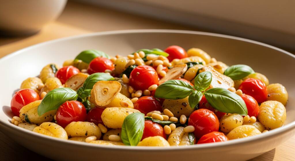 Gnocchi with cherry tomatoes, garlic, and pine nuts