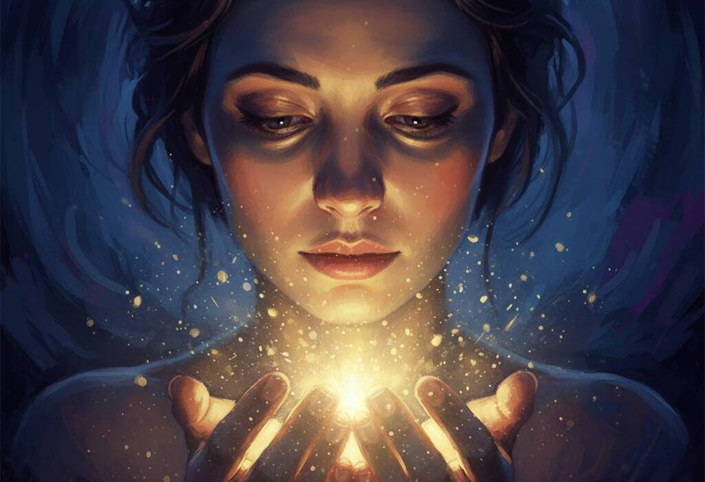 אישה שקועה בהתבוננות שקטה, מחזיקה בכפות ידיה אור זוהר המאיר את פניה ברוך. התמונה מייצגת את האור הפנימי הבוקע מתוכנו באומץ, ומזכירה את האמת הפנימית והאמונה שאינן נכנעות לחושך החיצוני. איור: Gemini