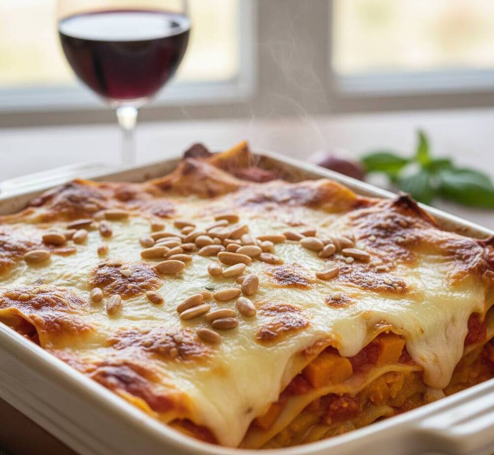 לזניה בטטה וצנוברים: שילוב מנצח של מתיקות וקראנץ'