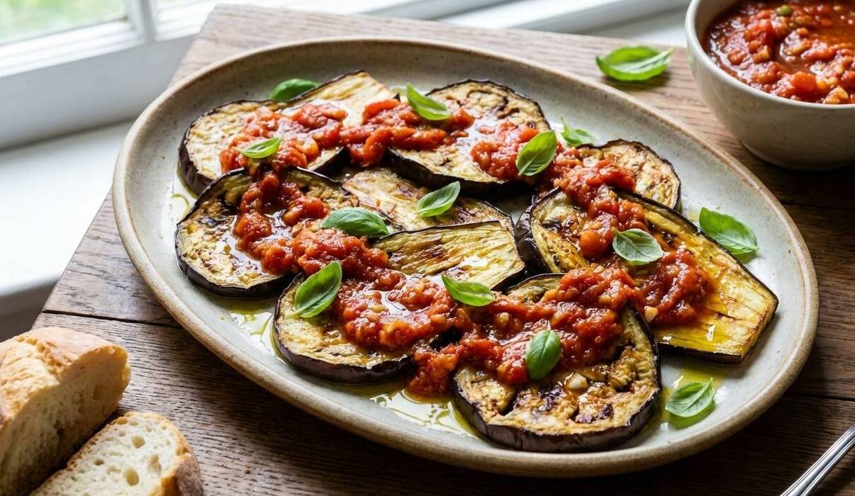 חצילים קלויים ברוטב עגבניות ושום